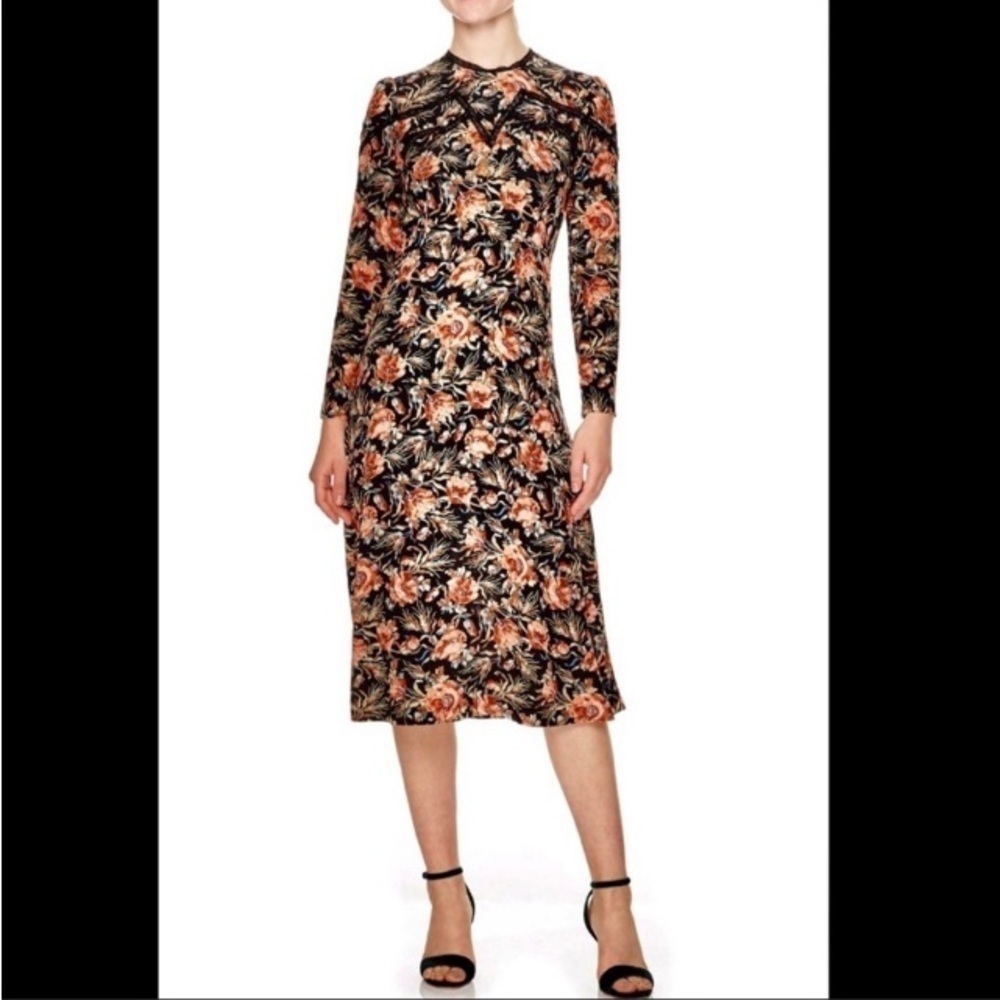 Sandro Floral Midi Dress in Black and Rust